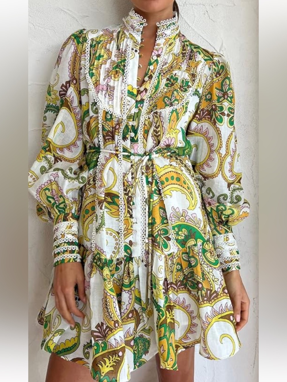 Paisley Tie-Waist Mini Dress in White, Yellow & Green